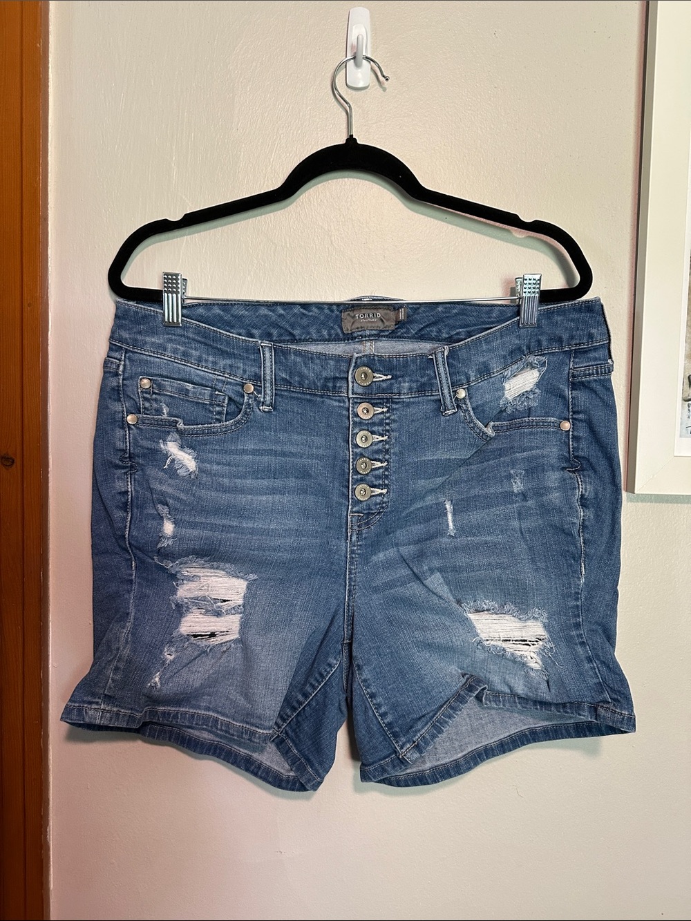 torrid Distressed Button-Fly Blue Denim Shorts